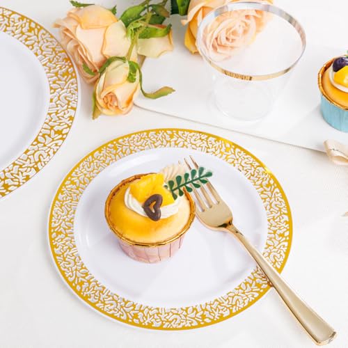 WELLIFE 50 Guests Dinnerware Sets, Gold Plastic Plates，Platos Para Fiestas Elegantes Desechables Include:50 Dinner Plates, 50 Dessert Plate, 150 Pcs Gold Plastic Silverware, 50 Cups for Party - My Kitchen Products