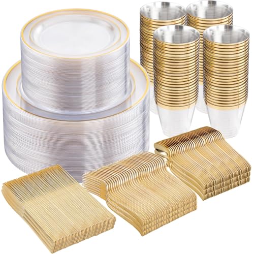 WELLIFE 600pc Gold Trim Plastic Dinnerware Set for Party: 100 Dinner Plates, 100 Dessert Plates, 300 Cutlery, 100 cups - My Kitchen Products