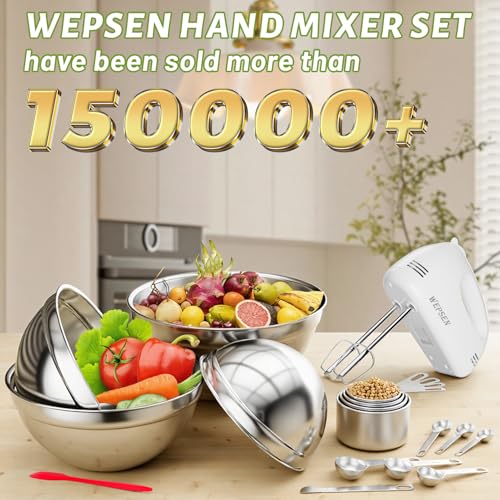 WEPSEN 5-Speed Electric Hand Mixer, 4 Large Mixing Bowls Set, Handheld Mixers with Whisks Beater, Stainless Steel Metal Nesting Bowl Measuring Cups Spoons Kitchen Cake Blender for Baking Supplies - My Kitchen Products