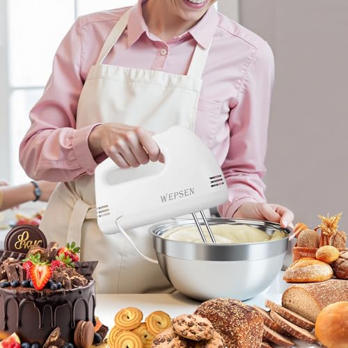 WEPSEN 5-Speed Electric Hand Mixer, 4 Large Mixing Bowls Set, Handheld Mixers with Whisks Beater, Stainless Steel Metal Nesting Bowl Measuring Cups Spoons Kitchen Cake Blender for Baking Supplies - My Kitchen Products