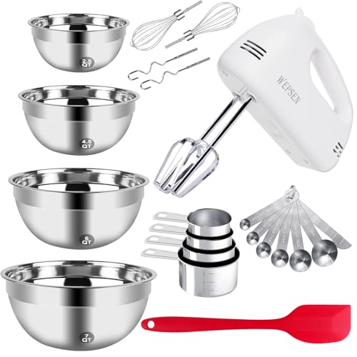 WEPSEN 5-Speed Electric Hand Mixer, 4 Large Mixing Bowls Set, Handheld Mixers with Whisks Beater, Stainless Steel Metal Nesting Bowl Measuring Cups Spoons Kitchen Cake Blender for Baking Supplies - My Kitchen Products