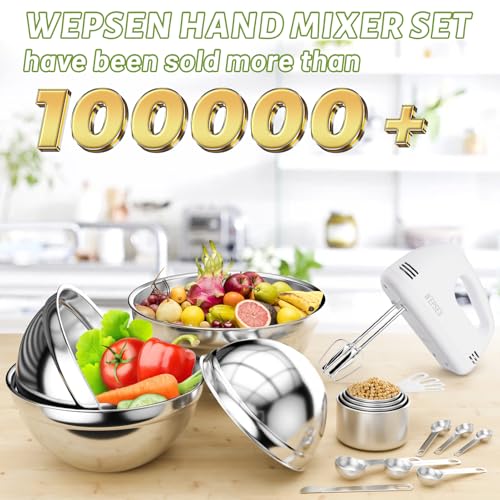 WEPSEN Hand Mixer Electric Mixing Bowls Set, 5 Speeds Handheld Mixer with 4 Nesting Stainless Steel Mixing Bowl, Measuring Cups Spoons 200W Kitchen Blender Whisk Beater Baking Supplies For Beginner - My Kitchen Products