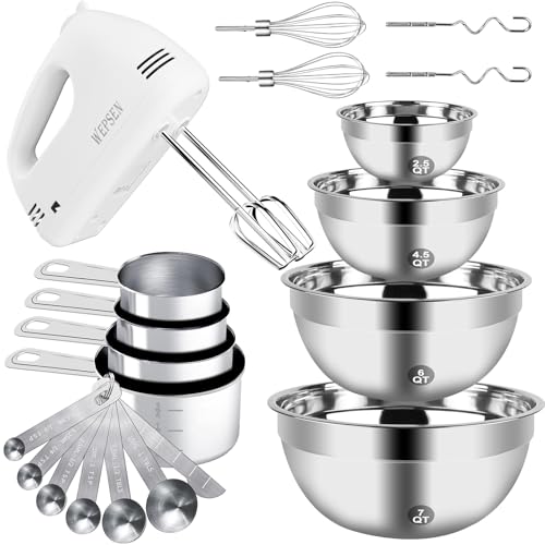 WEPSEN Hand Mixer Electric Mixing Bowls Set, 5 Speeds Handheld Mixer with 4 Nesting Stainless Steel Mixing Bowl, Measuring Cups Spoons 200W Kitchen Blender Whisk Beater Baking Supplies For Beginner - My Kitchen Products