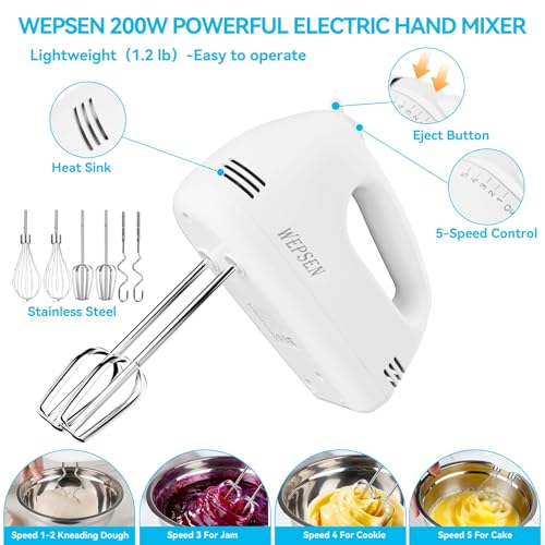 WEPSEN Hand Mixer Electric Mixing Bowls Set, 5 Speeds Handheld Mixer with 4 Nesting Stainless Steel Mixing Bowl, Measuring Cups Spoons 200W Kitchen Blender Whisk Beater Baking Supplies For Beginner - My Kitchen Products