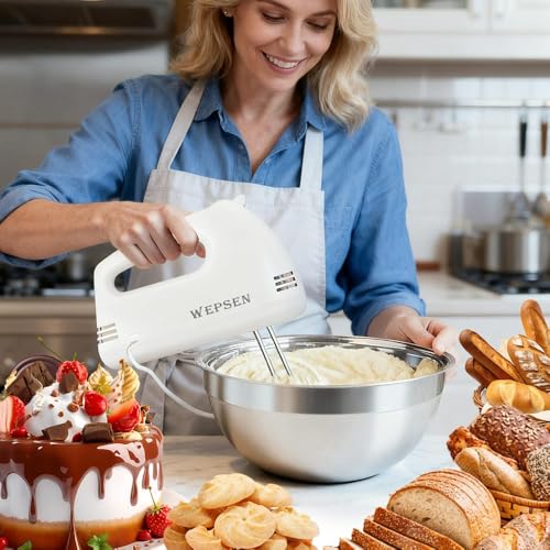 WEPSEN Hand Mixer Electric Mixing Bowls Set, 5 Speeds Handheld Mixer with 4 Nesting Stainless Steel Mixing Bowl, Measuring Cups Spoons 200W Kitchen Blender Whisk Beater Baking Supplies For Beginner - My Kitchen Products