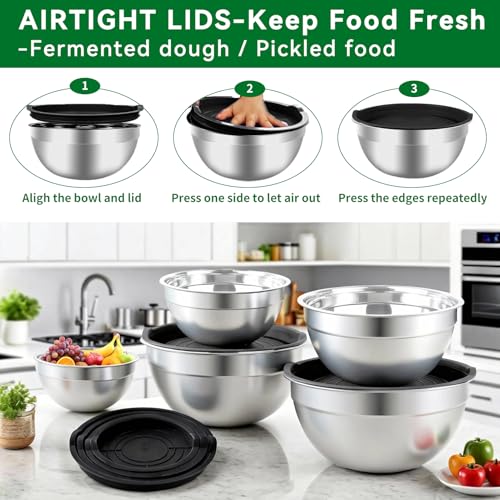 WEPSEN Mixing Bowls Set, 25PCS Stainless Steel Mixing Bowl with Lid Set, Large Nesting Bowls 7, 4.5, 3,2, 1.5QT, Measuring Cups and Spoons Baking Utensils Metal Bowl for Kitchen Prep - My Kitchen Products