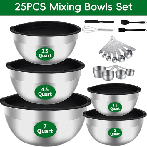 WEPSEN Mixing Bowls Set, 25PCS Stainless Steel Mixing Bowl with Lid Set, Large Nesting Bowls 7, 4.5, 3,2, 1.5QT, Measuring Cups and Spoons Baking Utensils Metal Bowl for Kitchen Prep - My Kitchen Products