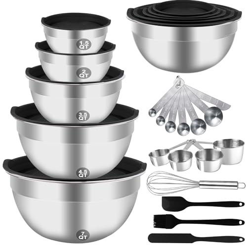 WEPSEN Mixing Bowls Set, 25PCS Stainless Steel Mixing Bowl with Lid Set, Large Nesting Bowls 7, 4.5, 3,2, 1.5QT, Measuring Cups and Spoons Baking Utensils Metal Bowl for Kitchen Prep - My Kitchen Products