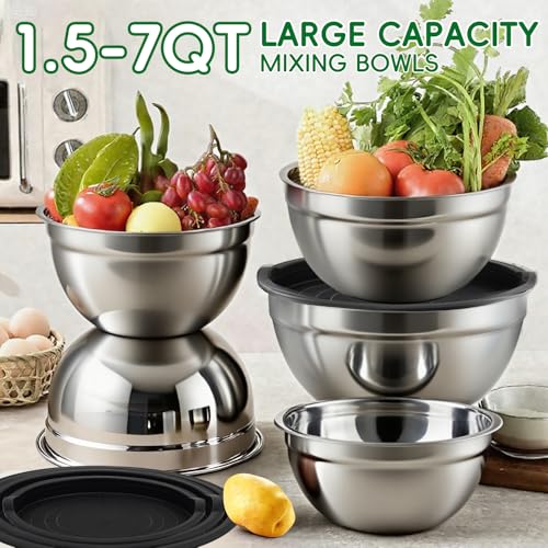 WEPSEN Mixing Bowls Set, 25PCS Stainless Steel Mixing Bowl with Lid Set, Large Nesting Bowls 7, 4.5, 3,2, 1.5QT, Measuring Cups and Spoons Baking Utensils Metal Bowl for Kitchen Prep - My Kitchen Products