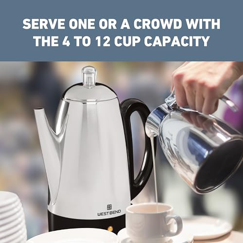 West Bend Electric Percolator Classic Style Coffee Maker with Heat Resistant Handle Base and Detachable Cord with Stainless Steel Stem and Basket, 12-Cup, Silver - My Kitchen Products