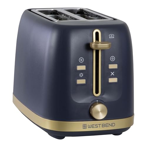 West Bend Timeless 2-Slice Toaster with 7 Browning Levels, Bagel/Waffle/Defrost Settings, High-Lift Lever, Anti-Jam, Easy-Clean Crumb Tray, 2-Slice, Blue/Gold - My Kitchen Products