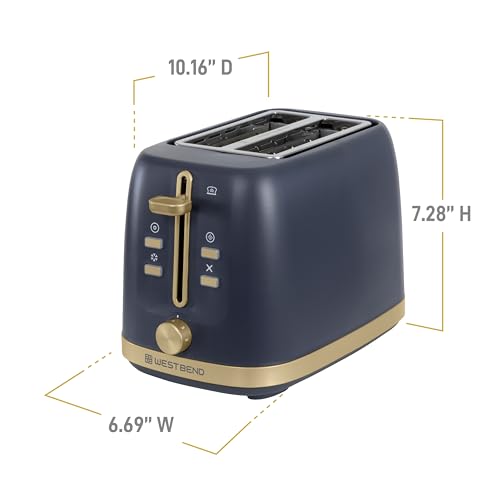 West Bend Timeless 2-Slice Toaster with 7 Browning Levels, Bagel/Waffle/Defrost Settings, High-Lift Lever, Anti-Jam, Easy-Clean Crumb Tray, 2-Slice, Blue/Gold - My Kitchen Products