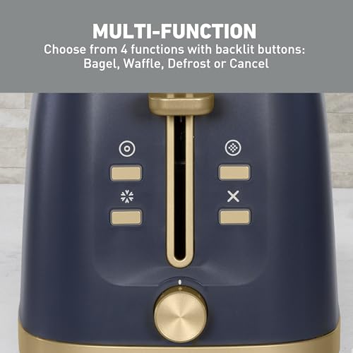 West Bend Timeless 2-Slice Toaster with 7 Browning Levels, Bagel/Waffle/Defrost Settings, High-Lift Lever, Anti-Jam, Easy-Clean Crumb Tray, 2-Slice, Blue/Gold - My Kitchen Products