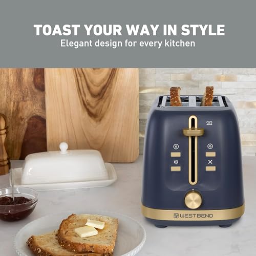 West Bend Timeless 2-Slice Toaster with 7 Browning Levels, Bagel/Waffle/Defrost Settings, High-Lift Lever, Anti-Jam, Easy-Clean Crumb Tray, 2-Slice, Blue/Gold - My Kitchen Products