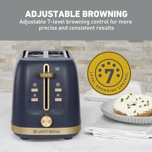 West Bend Timeless 2-Slice Toaster with 7 Browning Levels, Bagel/Waffle/Defrost Settings, High-Lift Lever, Anti-Jam, Easy-Clean Crumb Tray, 2-Slice, Blue/Gold - My Kitchen Products