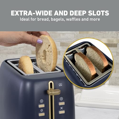West Bend Timeless 2-Slice Toaster with 7 Browning Levels, Bagel/Waffle/Defrost Settings, High-Lift Lever, Anti-Jam, Easy-Clean Crumb Tray, 2-Slice, Blue/Gold - My Kitchen Products