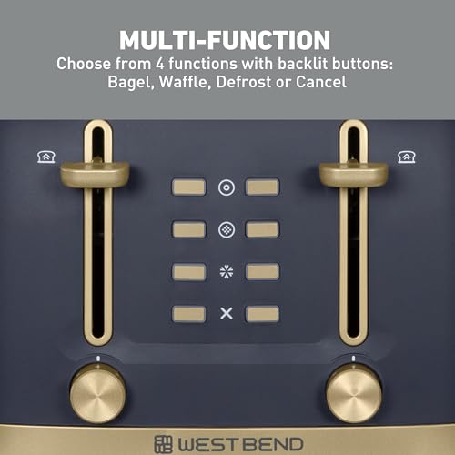 West Bend Timeless 4-Slice Toaster with 7 Browning Levels, Bagel/Waffle/Defrost Settings, High-Lift Lever, Anti-Jam, Easy-Clean Crumb Tray, 4-Slice, Blue/Gold - My Kitchen Products