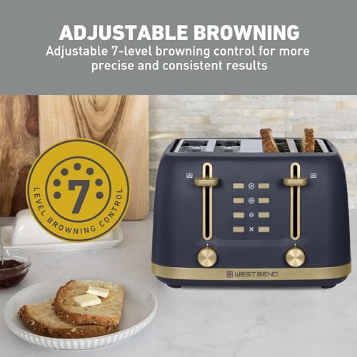 West Bend Timeless 4-Slice Toaster with 7 Browning Levels, Bagel/Waffle/Defrost Settings, High-Lift Lever, Anti-Jam, Easy-Clean Crumb Tray, 4-Slice, Blue/Gold - My Kitchen Products