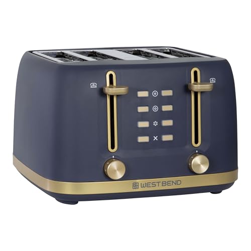 West Bend Timeless 4-Slice Toaster with 7 Browning Levels, Bagel/Waffle/Defrost Settings, High-Lift Lever, Anti-Jam, Easy-Clean Crumb Tray, 4-Slice, Blue/Gold - My Kitchen Products
