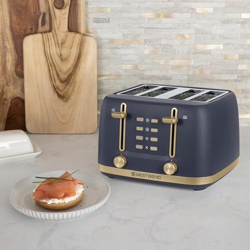 West Bend Timeless 4-Slice Toaster with 7 Browning Levels, Bagel/Waffle/Defrost Settings, High-Lift Lever, Anti-Jam, Easy-Clean Crumb Tray, 4-Slice, Blue/Gold - My Kitchen Products