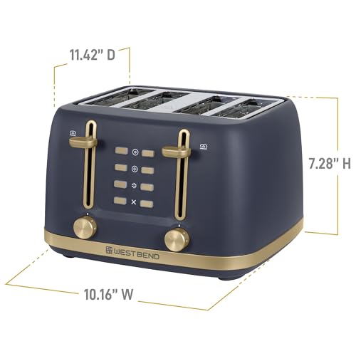 West Bend Timeless 4-Slice Toaster with 7 Browning Levels, Bagel/Waffle/Defrost Settings, High-Lift Lever, Anti-Jam, Easy-Clean Crumb Tray, 4-Slice, Blue/Gold - My Kitchen Products