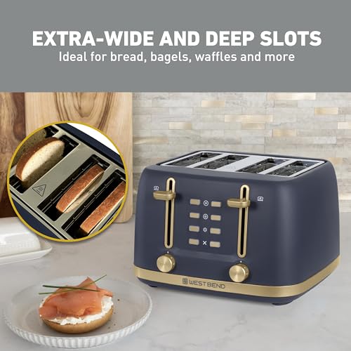 West Bend Timeless 4-Slice Toaster with 7 Browning Levels, Bagel/Waffle/Defrost Settings, High-Lift Lever, Anti-Jam, Easy-Clean Crumb Tray, 4-Slice, Blue/Gold - My Kitchen Products
