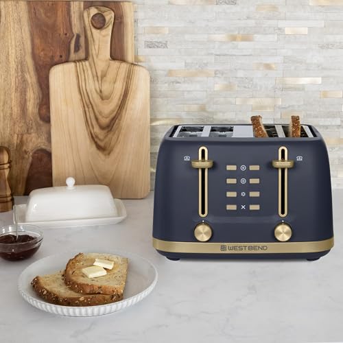 West Bend Timeless 4-Slice Toaster with 7 Browning Levels, Bagel/Waffle/Defrost Settings, High-Lift Lever, Anti-Jam, Easy-Clean Crumb Tray, 4-Slice, Blue/Gold - My Kitchen Products