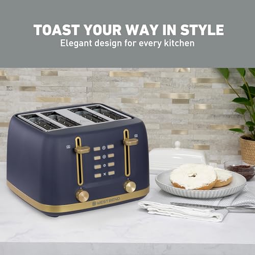 West Bend Timeless 4-Slice Toaster with 7 Browning Levels, Bagel/Waffle/Defrost Settings, High-Lift Lever, Anti-Jam, Easy-Clean Crumb Tray, 4-Slice, Blue/Gold - My Kitchen Products