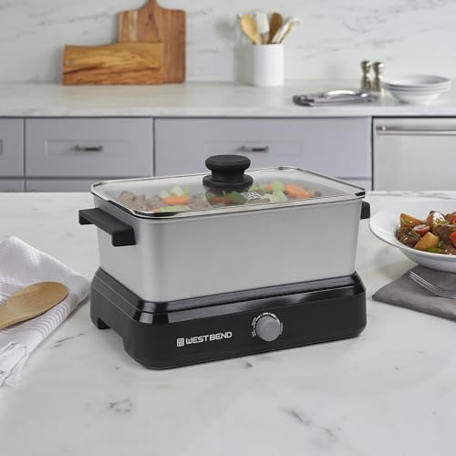 West Bend Versatility Slow Cooker Large Capacity Non-stick Cooking Vessel & Variable Temperature Heating Base Includes Travel Lid and Storage Bag, Range and Oven-Safe Cooking Pot, 5-Quart, Silver - My Kitchen Products