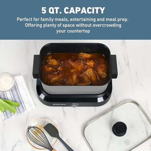 West Bend Versatility Slow Cooker Large Capacity Non-stick Cooking Vessel & Variable Temperature Heating Base Includes Travel Lid and Storage Bag, Range and Oven-Safe Cooking Pot, 5-Quart, Silver - My Kitchen Products