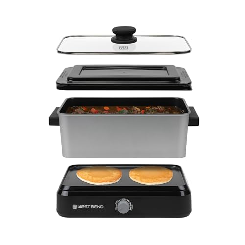 West Bend Versatility Slow Cooker Large Capacity Non-stick Cooking Vessel & Variable Temperature Heating Base Includes Travel Lid and Storage Bag, Range and Oven-Safe Cooking Pot, 5-Quart, Silver - My Kitchen Products
