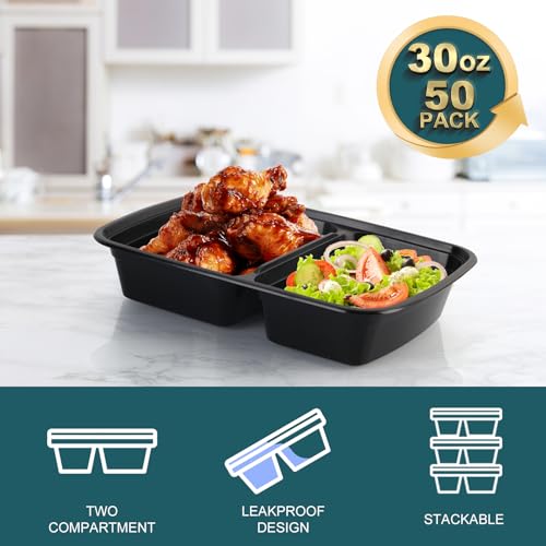 WGCC Meal Prep Containers 2 Compartment- 50Pack 30OZ Food Prep Containers With Lids, Disposable To Go Food Containers, Take Out, Stackable, Leakproof & Food Safe, Microwave, Freezer, Dishwasher Safe - My Kitchen Products