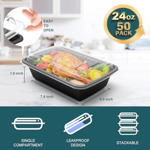 WGCC Meal Prep Containers, 50 Pack Extra-thick Food Storage Containers with Lids, Disposable & Reusable Plastic Bento Lunch Box, BPA Free, Stackable, Microwave/Dishwasher/Freezer Safe (24 oz) - My Kitchen Products