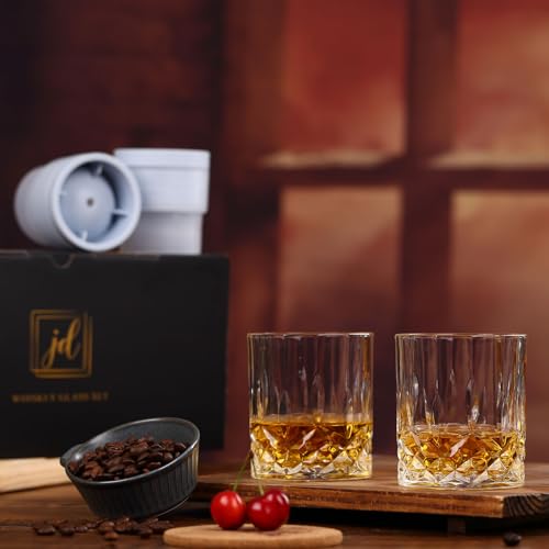 Whiskey Rocks Glass Set In Gift Box - Includes 2 Crystal Bourbon Glasses and 2 Big Ice Ball Molds - 10 Oz Old Fashioned Glasses for Scotch, Cocktails, Rum, Cognac, Vodka - Unique Gift for Men - My Kitchen Products