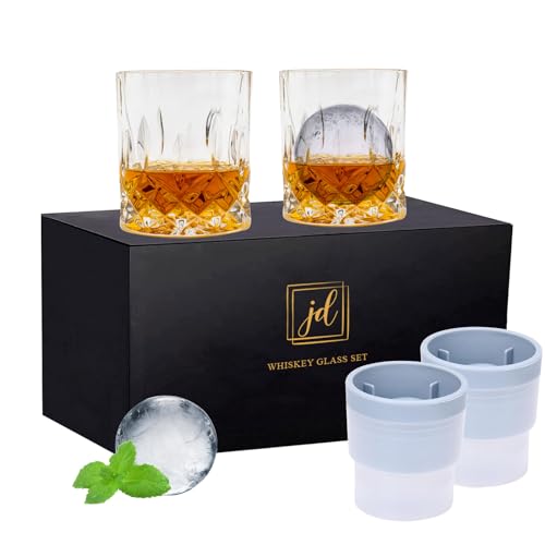 Whiskey Rocks Glass Set In Gift Box, Includes 2 Crystal Bourbon Glasses and 2 Big Ice Ball