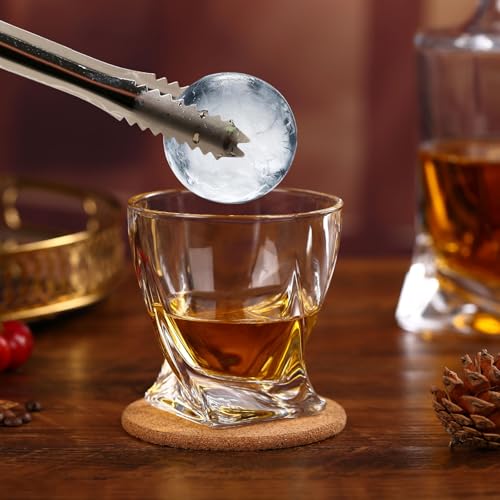 Whiskey Rocks Glass Set In Gift Box - Includes 2 Crystal Bourbon Glasses and 2 Big Ice Ball Molds - 11 Oz Old Fashioned Glasses for Scotch, Cocktails, Rum, Cognac, Vodka - Unique Gift for Men - My Kitchen Products