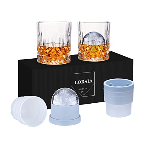 Whiskey Rocks Glass, Set of 4 (2 Crystal Bourbon Glasses, 2 Round Big Ice Ball Molds) In Gift