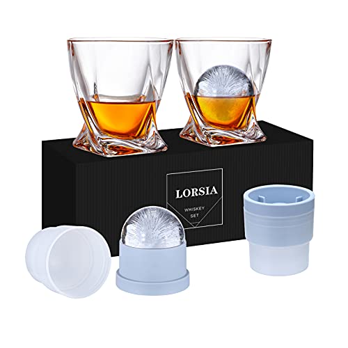 Whiskey Rocks Glass, Set of 4 (2 Crystal Bourbon Glasses, 2 Round Big Ice Ball Molds) In Gift