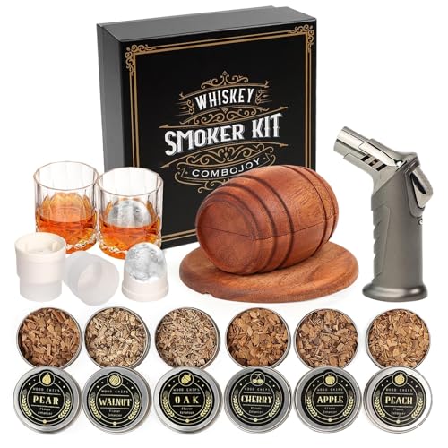 Whiskey Smoker Kit with Torch, 6 Flavors Wood Chips, 2 Glasses, 2 Ice Ball Molds, Cocktail Smoker Infuser