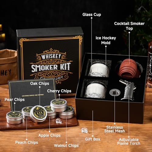 Whiskey Smoker Kit with Torch - 6 Flavors Wood Chips, 2 Glasses, 2 Ice Ball Molds - Cocktail Smoker Infuser Kit, Old Fashioned Drink Smoker Kit, Birthday Bourbon Whiskey Gifts for Men,Dad(NO Butane) - My Kitchen Products