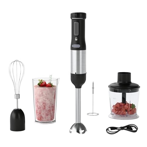 WHUTO Cordless Immersion Hand Blender, 5-in-1 Variable Speed blender handheld,Rechargeable with 2000mAh Battery, BPA-Free & Dishwasher-Safe Accessories:700ml Beaker,Chopper,Whisk & Milk Frother,Black - My Kitchen Products