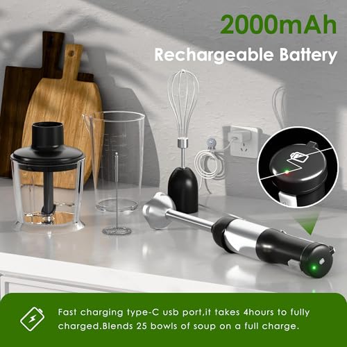WHUTO Cordless Immersion Hand Blender, 5-in-1 Variable Speed blender handheld,Rechargeable with 2000mAh Battery, BPA-Free & Dishwasher-Safe Accessories:700ml Beaker,Chopper,Whisk & Milk Frother,Black - My Kitchen Products
