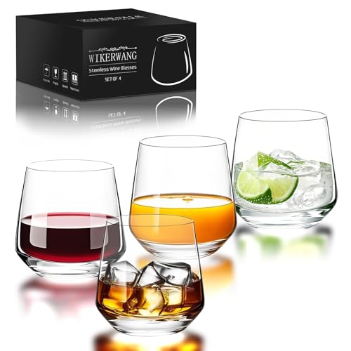 WIKERWANG Stemless Wine Glasses Set of 4, 13.5oz, Crystal Clear Red White Wine Glasses for Daily Use