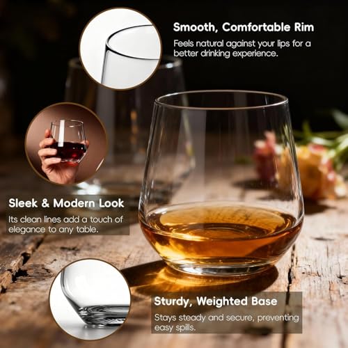 WIKERWANG Stemless Wine Glasses Set of 4, 13.5oz, Crystal Clear Red White Wine Glasses for Daily Use, Lead-free, Dishwasher Safe, Glasses Drinking Set, Ideal for Home Bar, Parties & Gifts - My Kitchen Products