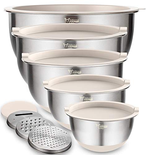 Wildone Mixing Bowls with Airtight Lids Set, 5PCS Stainless Steel Khaki Nesting Bowls for Kitchen, with Grater Attachments & Non-Slip Bottoms, Size 5, 3, 2, 1.5, 0.63 QT, Great for Mixing & Serving - My Kitchen Products