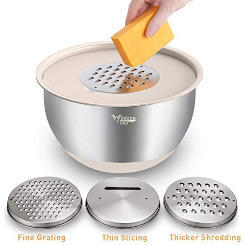 Wildone Mixing Bowls with Airtight Lids Set, 5PCS Stainless Steel Khaki Nesting Bowls for Kitchen, with Grater Attachments & Non-Slip Bottoms, Size 5, 3, 2, 1.5, 0.63 QT, Great for Mixing & Serving - My Kitchen Products