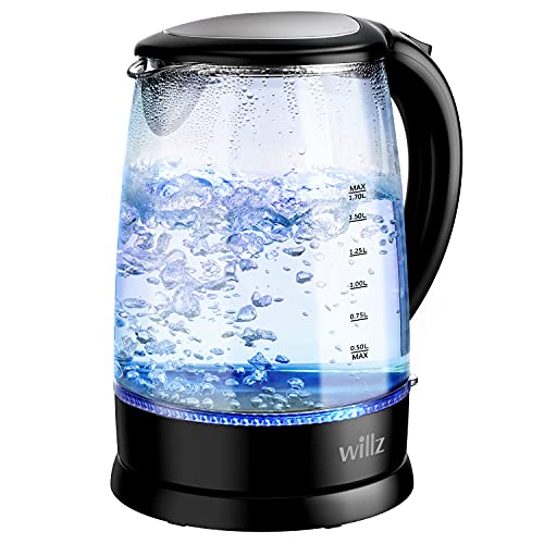 Willz Electric Glass Kettle with Heat Resistant Handle and Cordless Pour, Quick Boil & Auto Shut-Off Technology, Blue Boil Light, 1.7L, 1500 W, Black - My Kitchen Products