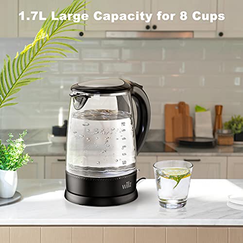 Willz Electric Glass Kettle with Heat Resistant Handle and Cordless Pour, Quick Boil & Auto Shut-Off Technology, Blue Boil Light, 1.7L, 1500 W, Black - My Kitchen Products