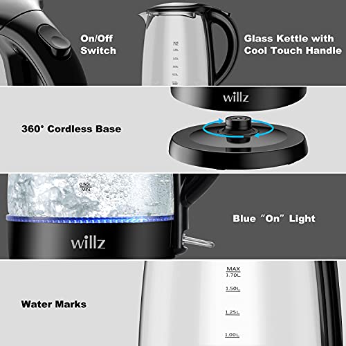 Willz Electric Glass Kettle with Heat Resistant Handle and Cordless Pour, Quick Boil & Auto Shut-Off Technology, Blue Boil Light, 1.7L, 1500 W, Black - My Kitchen Products