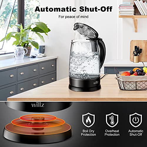 Willz Electric Glass Kettle with Heat Resistant Handle and Cordless Pour, Quick Boil & Auto Shut-Off Technology, Blue Boil Light, 1.7L, 1500 W, Black - My Kitchen Products
